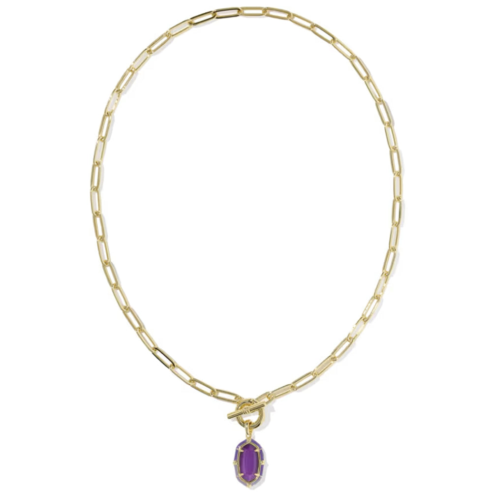A gold paperclip chain necklace with a toggle clasp and a small purple rectangular pendant, shown on a plain white background.