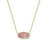 A gold chain necklace featuring an oval pink iridescent stone pendant with a textured gold border, set against a plain white background.