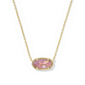 A gold chain necklace featuring an oval pink iridescent stone pendant with a textured gold border, set against a plain white background.