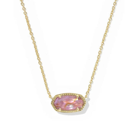 A gold chain necklace featuring an oval pink iridescent stone pendant with a textured gold border, set against a plain white background.