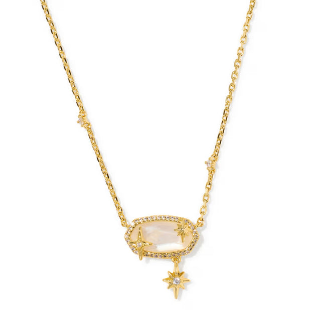 A gold chain necklace featuring a central oval pendant with a pale pink stone, surrounded by small sparkling stones and star-shaped accents, with a dangling gold star below, shown on a plain white background.