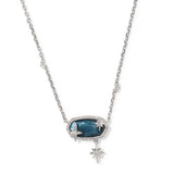 A silver-toned celestial necklace featuring a central oval pendant with a deep blue cabochon stone surrounded by small clear stones, accented with three dangling star charms, shown on a plain white background.