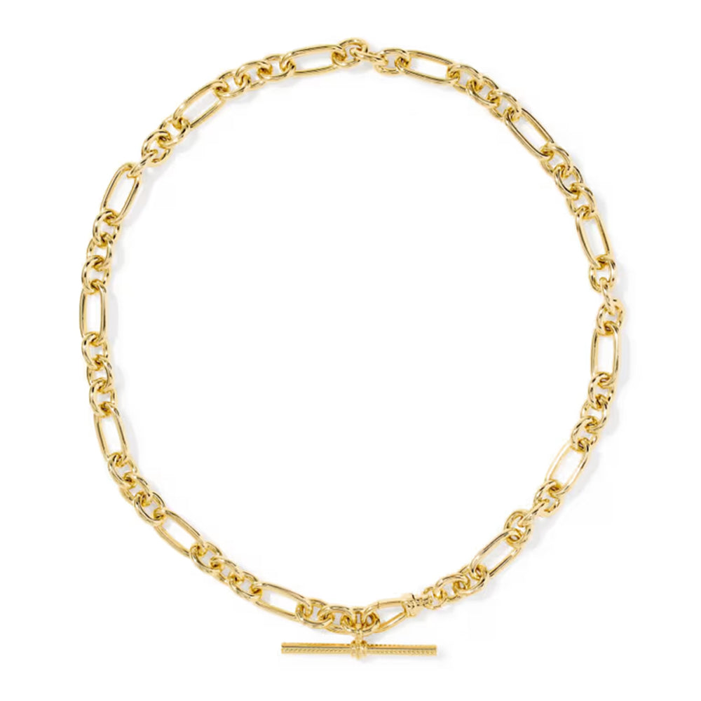 A gold Figaro chain necklace with a matching horizontal bar clasp, displayed on a clean white background.