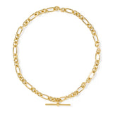 A gold Figaro chain necklace with a matching horizontal bar clasp, displayed on a clean white background.