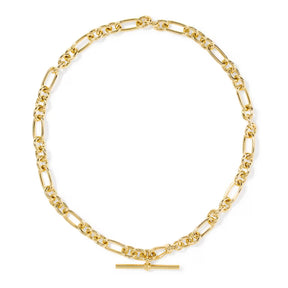 A gold Figaro chain necklace with a matching horizontal bar clasp, displayed on a clean white background.
