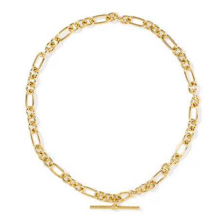 A gold Figaro chain necklace with a matching horizontal bar clasp, displayed on a clean white background.