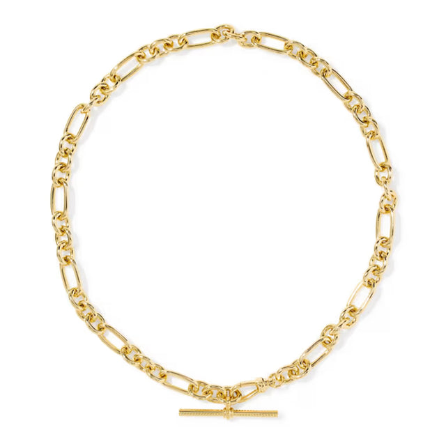 A gold Figaro chain necklace with a matching horizontal bar clasp, displayed on a clean white background.