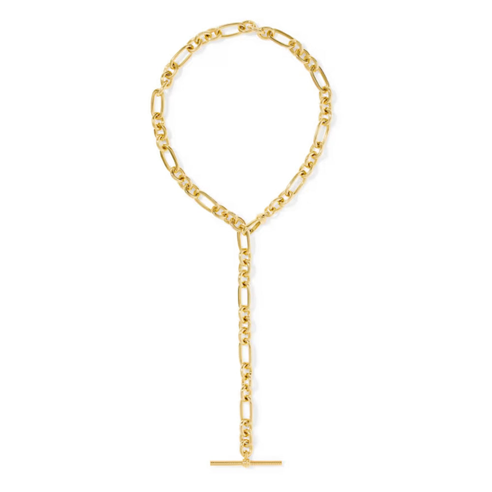 A gold-toned Figaro chain lariat necklace with a T-bar clasp, displayed on a clean white background.