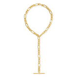 A gold-toned Figaro chain lariat necklace with a T-bar clasp, displayed on a clean white background.