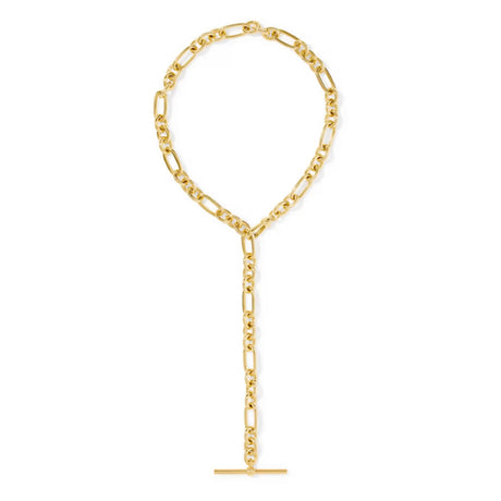 A gold-toned Figaro chain lariat necklace with a T-bar clasp, displayed on a clean white background.