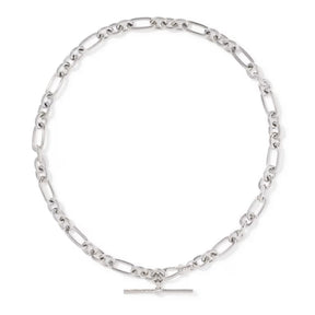 A silver Figaro chain necklace with a toggle clasp, displayed on a clean white background.