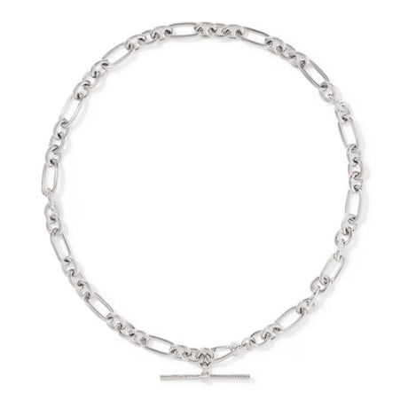 A silver Figaro chain necklace with a toggle clasp, displayed on a clean white background.