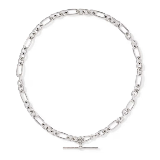 A silver Figaro chain necklace with a toggle clasp, displayed on a clean white background.
