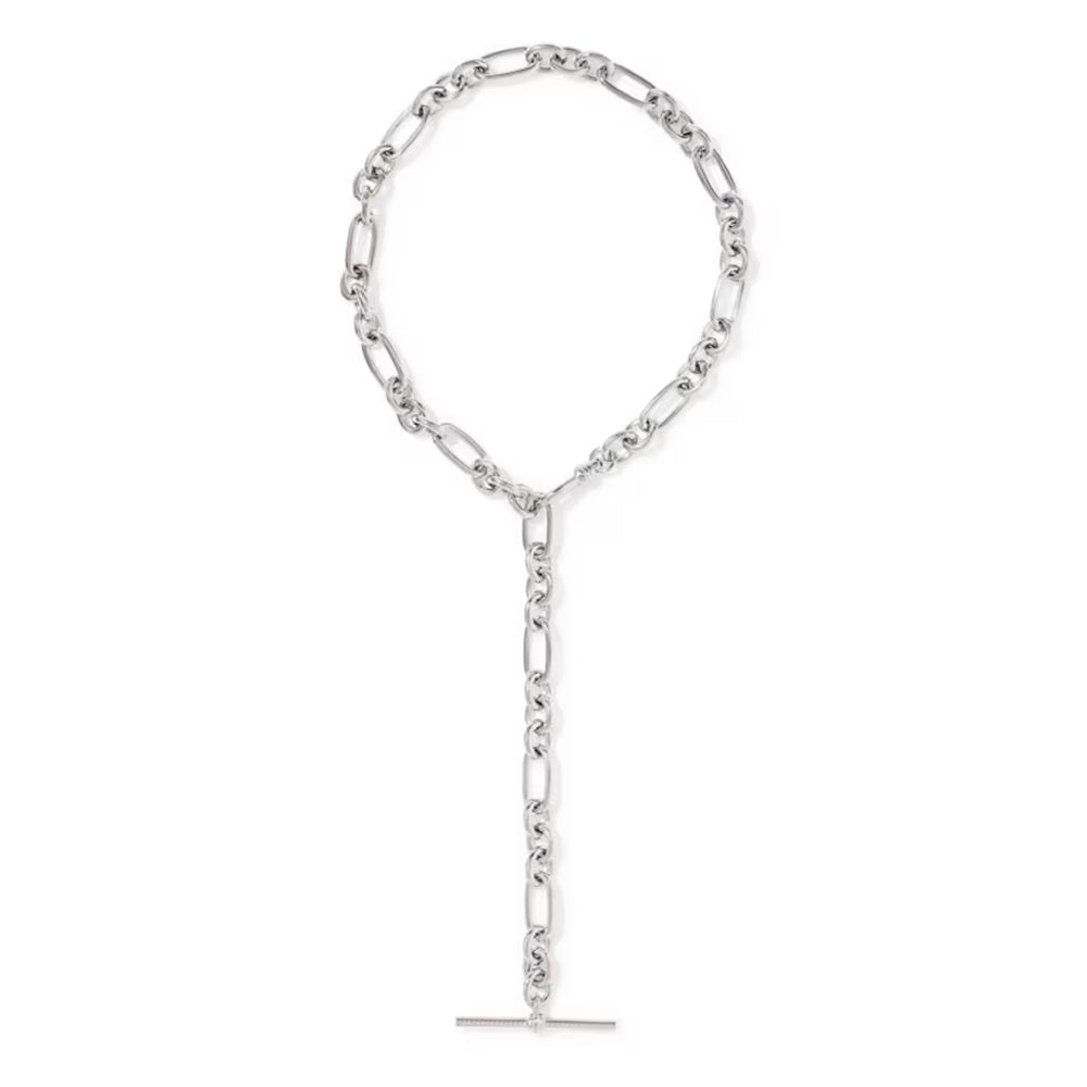 A silver-toned chain lariat necklace with a long drop chain and a T-bar clasp, displayed on a clean white background.