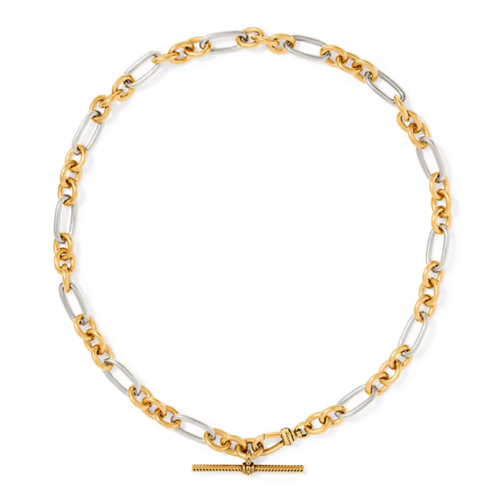 A two-tone chain necklace featuring alternating yellow gold and silver-toned links, with a small gold toggle clasp at the bottom, displayed on a clean white background.