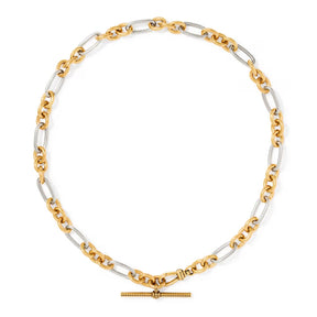 A two-tone chain necklace featuring alternating yellow gold and silver-toned links, with a small gold toggle clasp at the bottom, displayed on a clean white background.