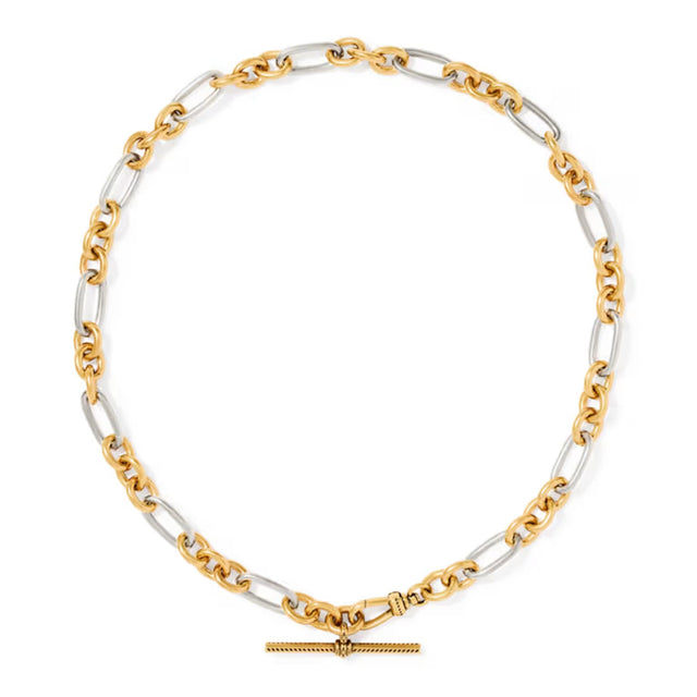 A two-tone chain necklace featuring alternating yellow gold and silver-toned links, with a small gold toggle clasp at the bottom, displayed on a clean white background.
