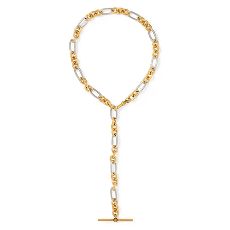 A two-tone gold and silver chain necklace with a long drop chain and a T-bar clasp, shown on a plain white background.