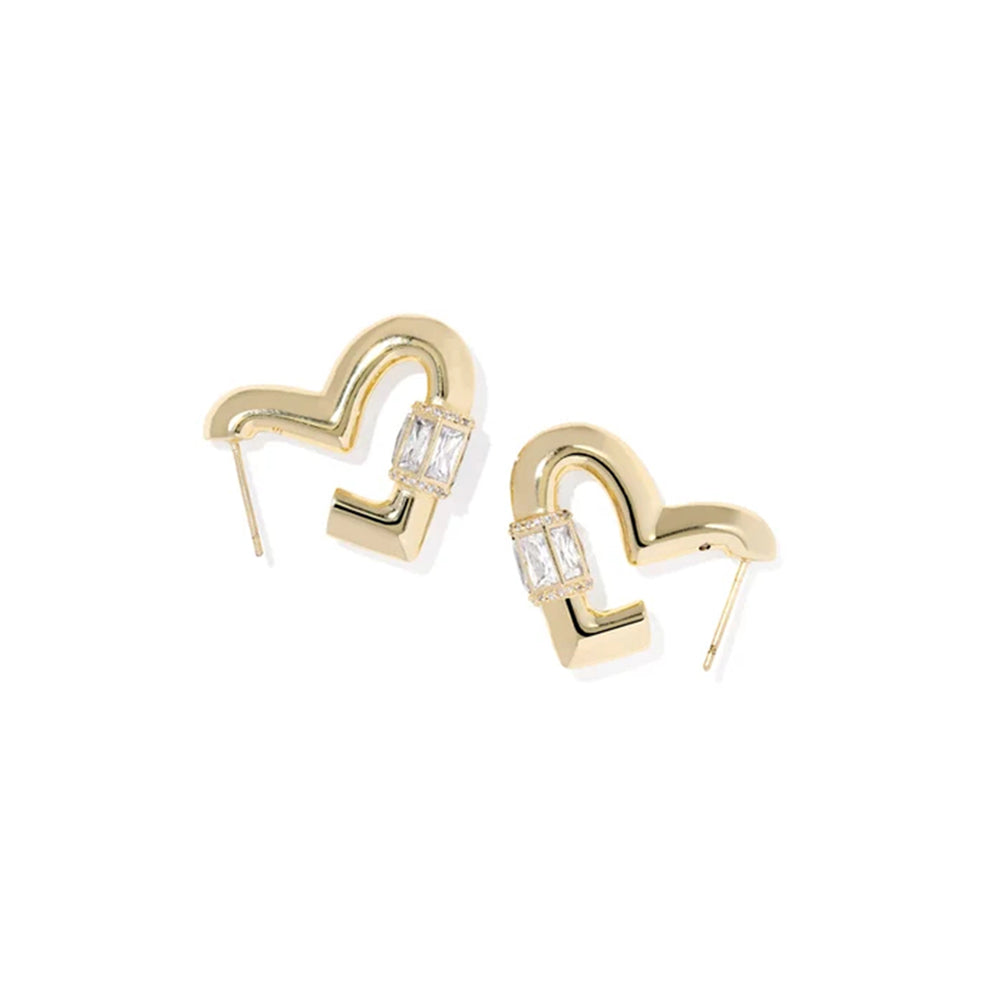 A pair of gold-toned geometric hoop earrings with rectangular clear crystal accents, shown on a plain white background.