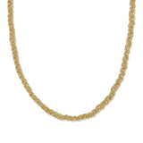 A close-up of a gold chain necklace with a textured, woven-like link pattern, shown against a plain white background.