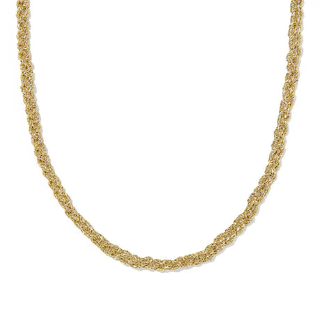 A close-up of a gold chain necklace with a textured, woven-like link pattern, shown against a plain white background.