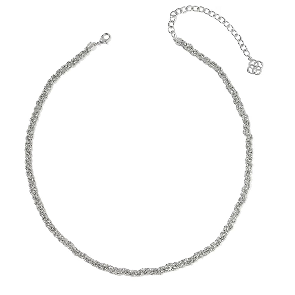 A silver-toned twisted rope chain necklace with a lobster clasp and an adjustable extender chain featuring a small decorative charm, displayed on a clean white background.