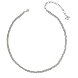 A silver-toned twisted rope chain necklace with a lobster clasp and an adjustable extender chain featuring a small decorative charm, displayed on a clean white background.
