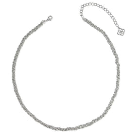 A silver-toned twisted rope chain necklace with a lobster clasp and an adjustable extender chain featuring a small decorative charm, displayed on a clean white background.