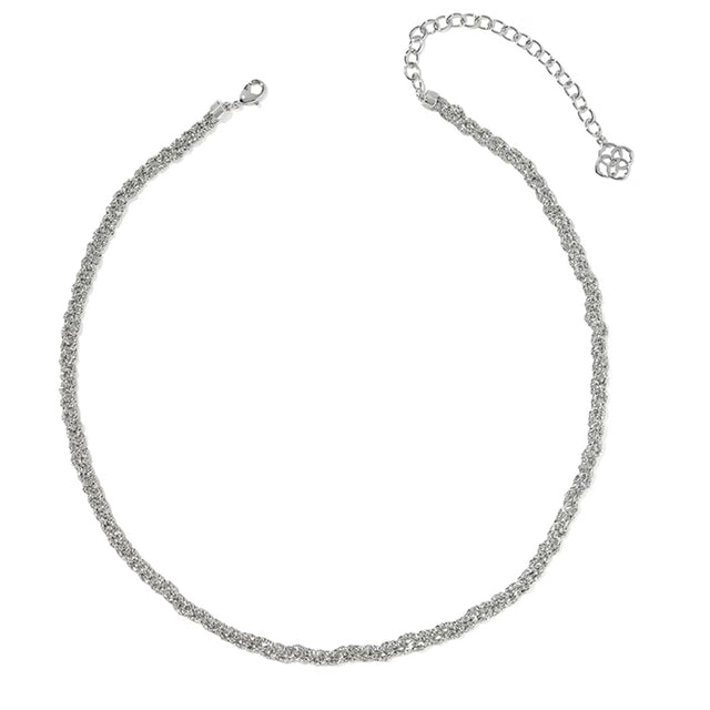 A silver-toned twisted rope chain necklace with a lobster clasp and an adjustable extender chain featuring a small decorative charm, displayed on a clean white background.