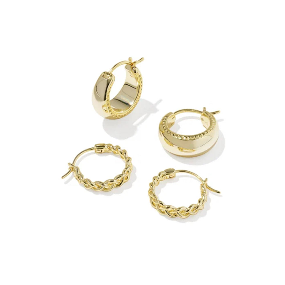 Four gold-toned hoop earrings in different textures and shapes, arranged on a clean white background.