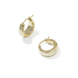 A pair of gold hoop earrings with a polished finish and a textured beaded edge, displayed on a clean white background with soft shadows.