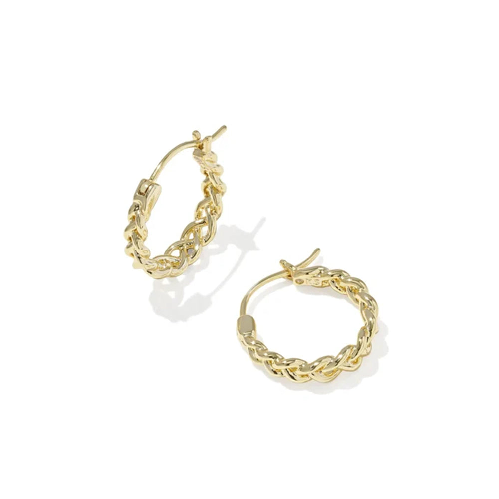 A pair of gold hoop earrings with a textured, twisted curb-link design, displayed on a clean white background with soft shadows.