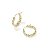 A pair of gold hoop earrings with a textured, twisted curb-link design, displayed on a clean white background with soft shadows.