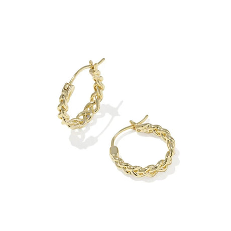 A pair of gold hoop earrings with a textured, twisted curb-link design, displayed on a clean white background with soft shadows.