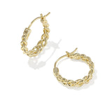 A pair of gold hoop earrings with a twisted, braided curb chain design, displayed on a clean white background with soft shadows.