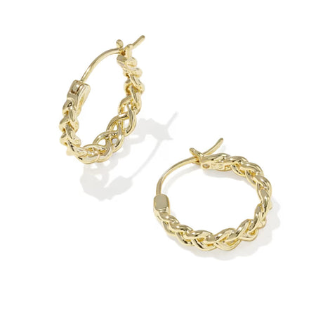 A pair of gold hoop earrings with a twisted, braided curb chain design, displayed on a clean white background with soft shadows.