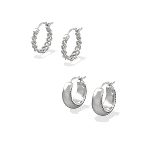 Two pairs of silver hoop earrings displayed on a clean white background: two smaller chain-link style hoops at the top and two larger polished hoops at the bottom.