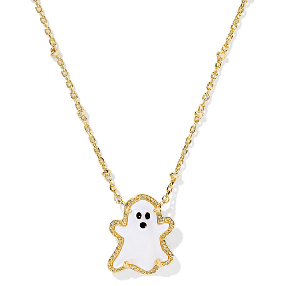 Gold necklace with a ghost pendant on a white background