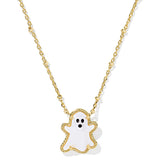 Gold necklace with a ghost pendant on a white background