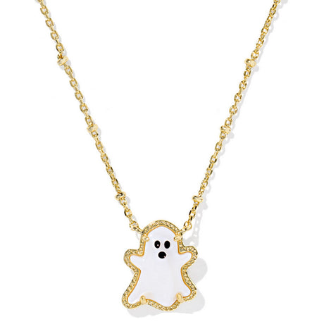 Gold necklace with a ghost pendant on a white background