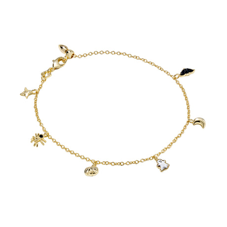 Gold bracelet with various charms on a white background