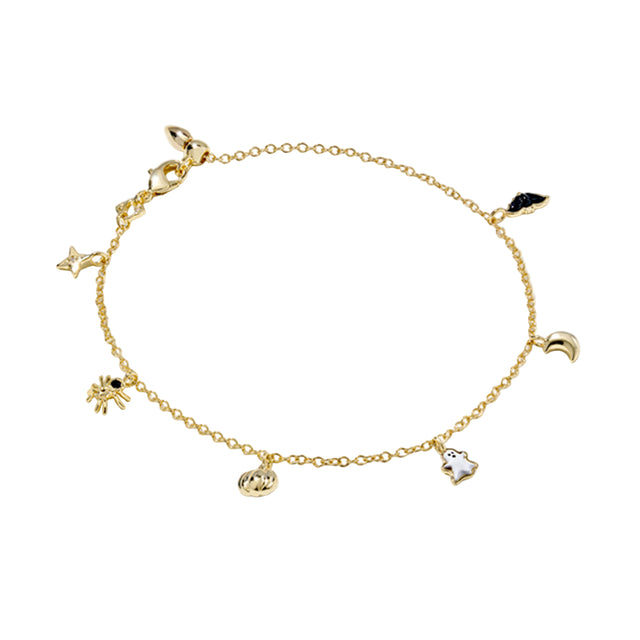 Gold bracelet with various charms on a white background