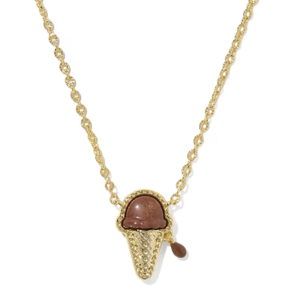 A gold chain necklace featuring an ice cream cone pendant with a smooth, rounded brown stone scoop and a small dangling brown stone drop, set against a plain white background.