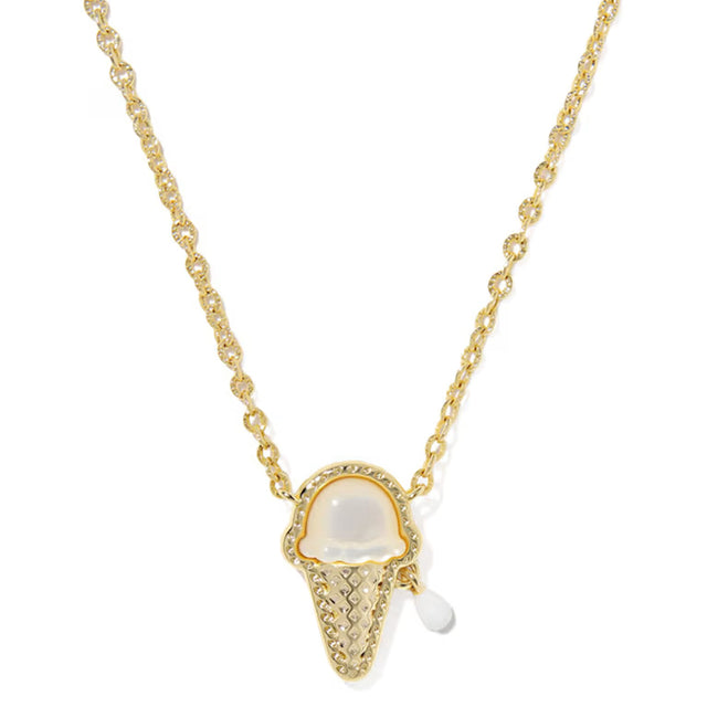 A gold chain necklace featuring an ice cream cone pendant with a white mother-of-pearl scoop and a small dangling white bead, shown on a plain white background.