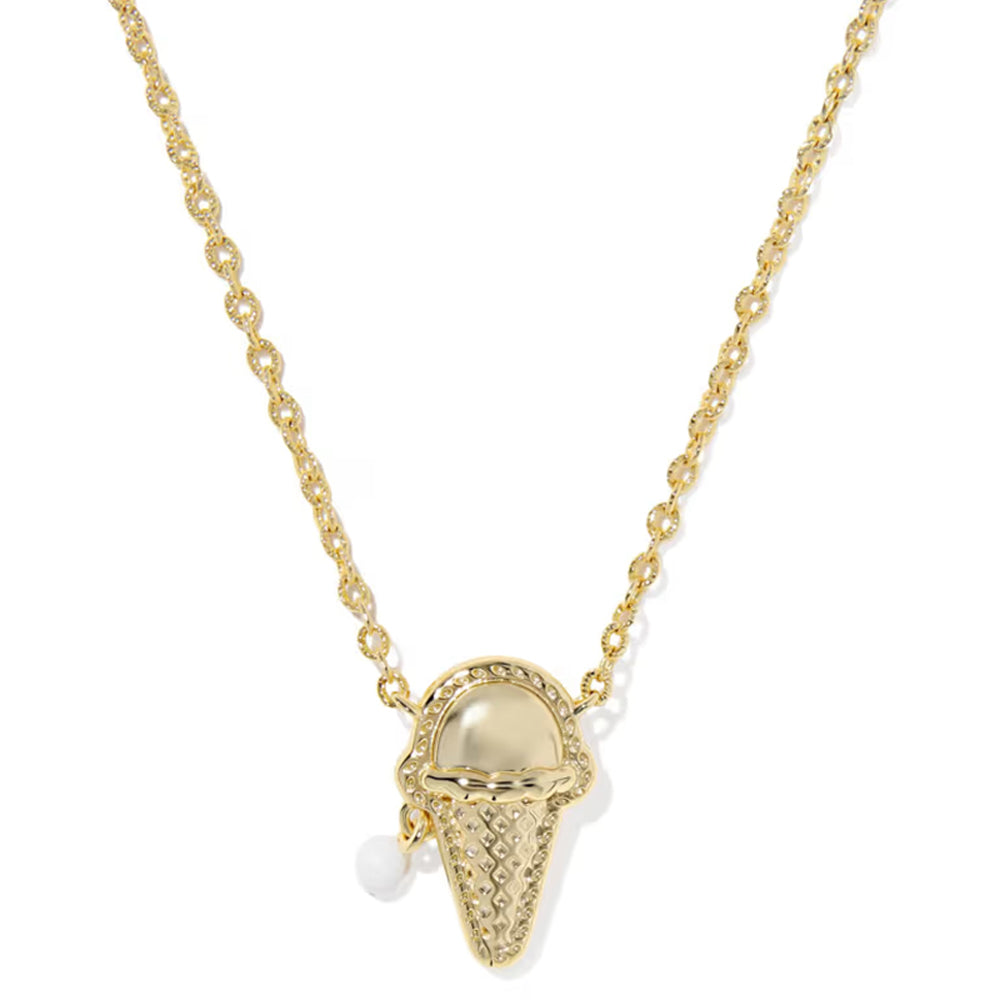 A gold chain necklace featuring an ice cream cone pendant with a textured waffle-cone design, a smooth scoop of cream, and a small dangling pearl bead, shown on a plain white background.