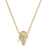 A gold chain necklace featuring an ice cream cone pendant with a textured waffle-cone design, a smooth scoop of cream, and a small dangling pearl bead, shown on a plain white background.