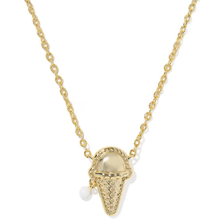 A gold chain necklace featuring an ice cream cone pendant with a textured waffle-cone design, a smooth scoop of cream, and a small dangling pearl bead, shown on a plain white background.
