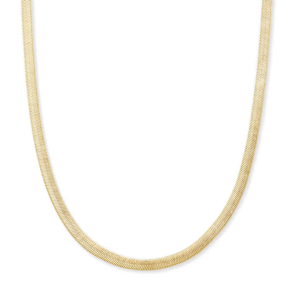 A gold-colored snake chain necklace shown in a clean, U-shaped loop against a solid white background.