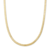 A gold-colored snake chain necklace shown in a clean, U-shaped loop against a solid white background.