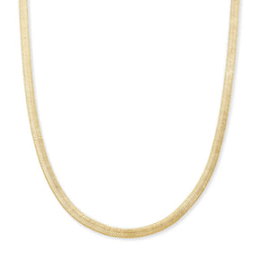 A gold-colored snake chain necklace shown in a clean, U-shaped loop against a solid white background.